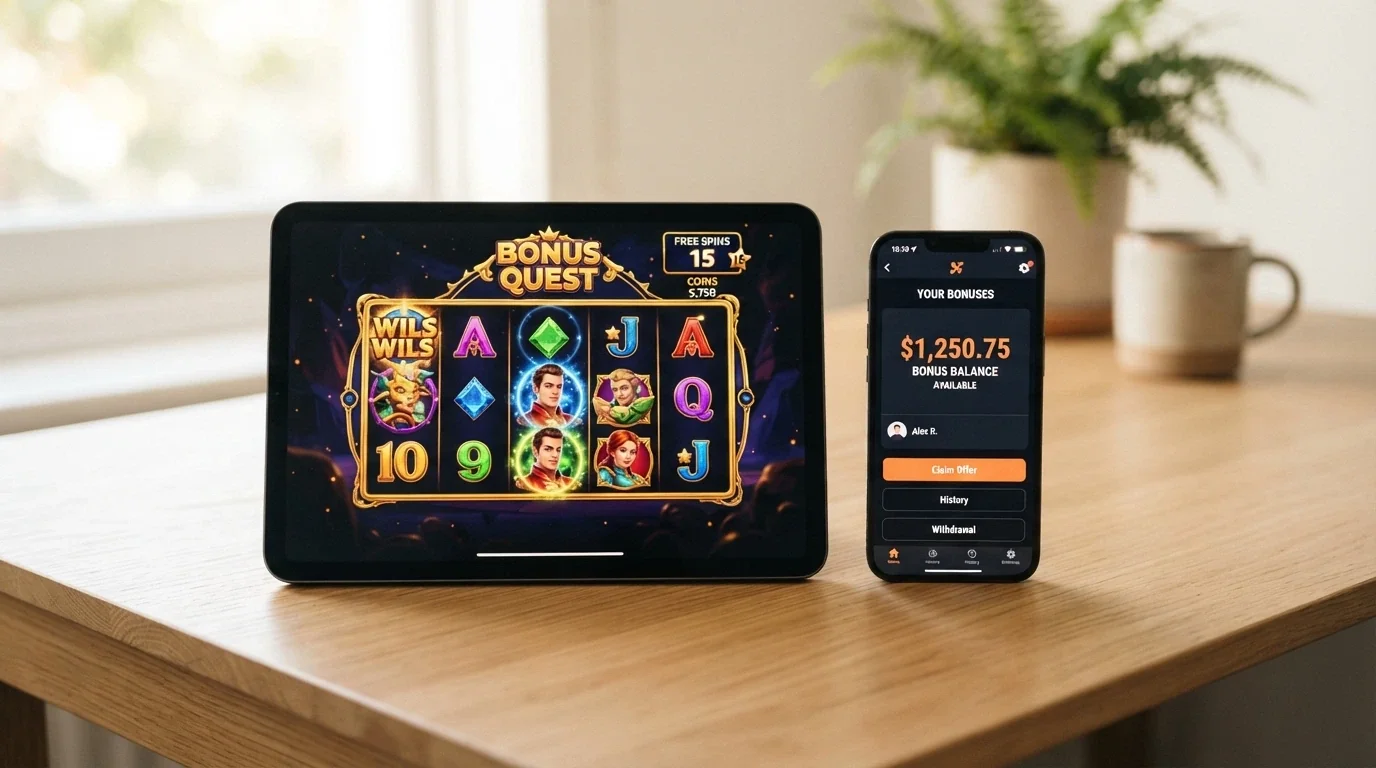 Side-by-side comparison showing a free spins counter on a pokie screen on the left and a casino bonus balance displaying a dollar figure on the right