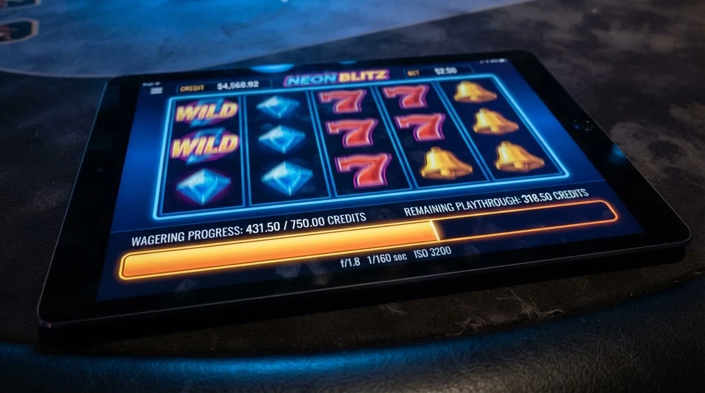 A close-up of a pokie game screen with a wagering-requirement progress bar partially filled, showing a dollar figure and a remaining-playthrough counter