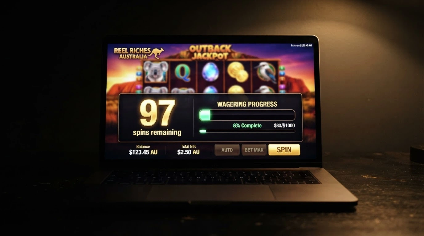 A close-up of a pokies free-spins counter at 97 remaining spins, with a wagering-requirement progress bar at 12% visible beneath it