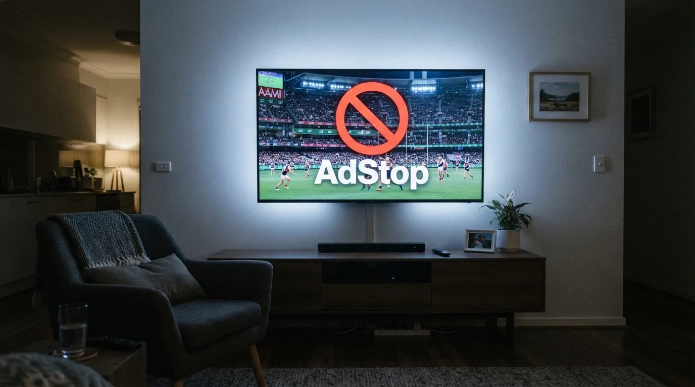 A television screen with a wagering advertisement freeze-framed and overlaid with a red prohibition symbol and the word AdStop