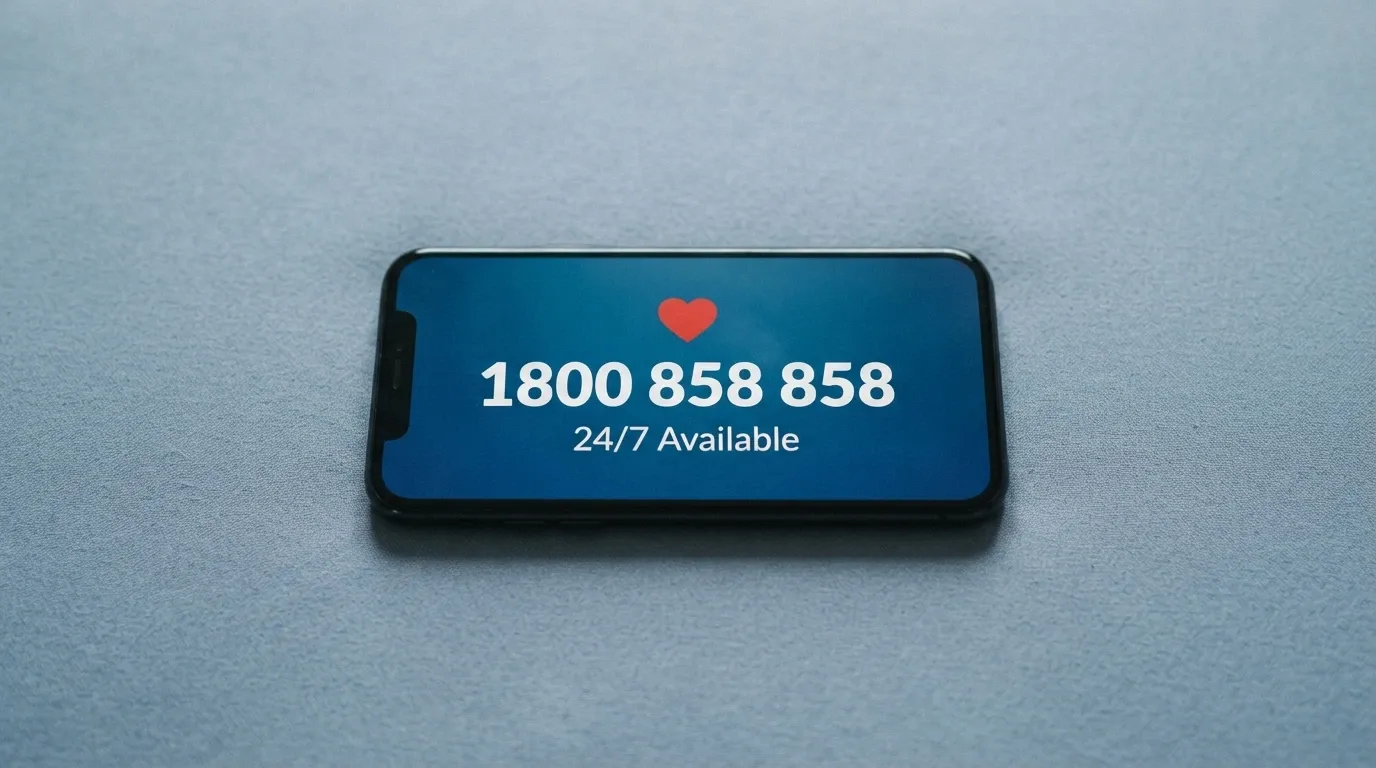 A clean, calm composition of a phone screen showing the 1800 858 858 helpline number with the Gambling Help Online logo beneath it, against a supportive blue background