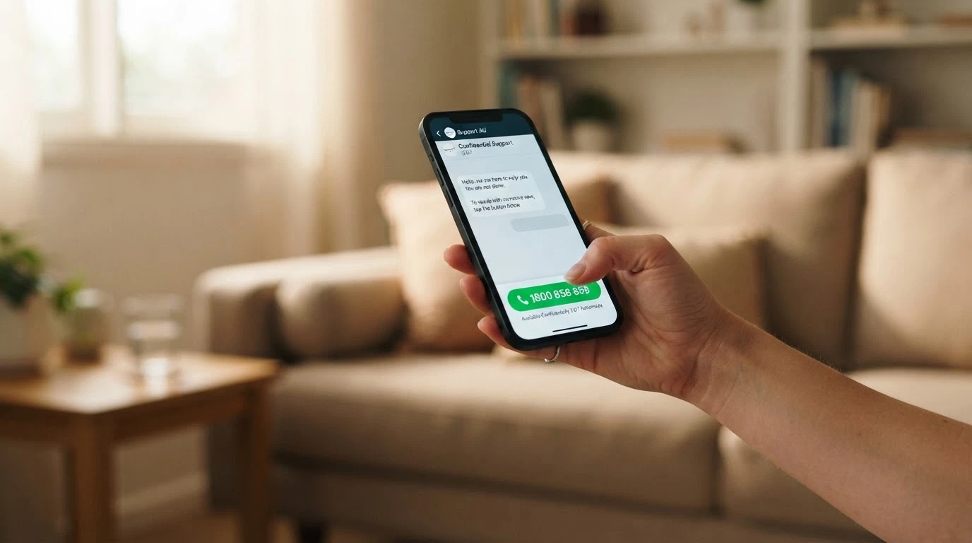 A phone screen showing the Gambling Help Online chat interface and the helpline number 1800 858 858