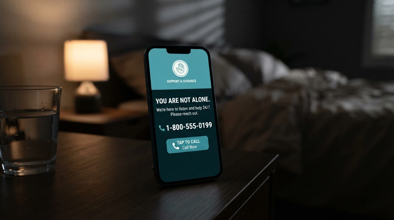An iPhone showing the Gambling Help Online homepage and the 1800 858 858 number on screen