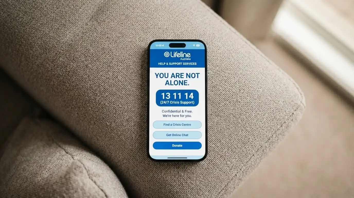 A phone screen showing the Gambling Help Online homepage with the 1800 858 858 number visible