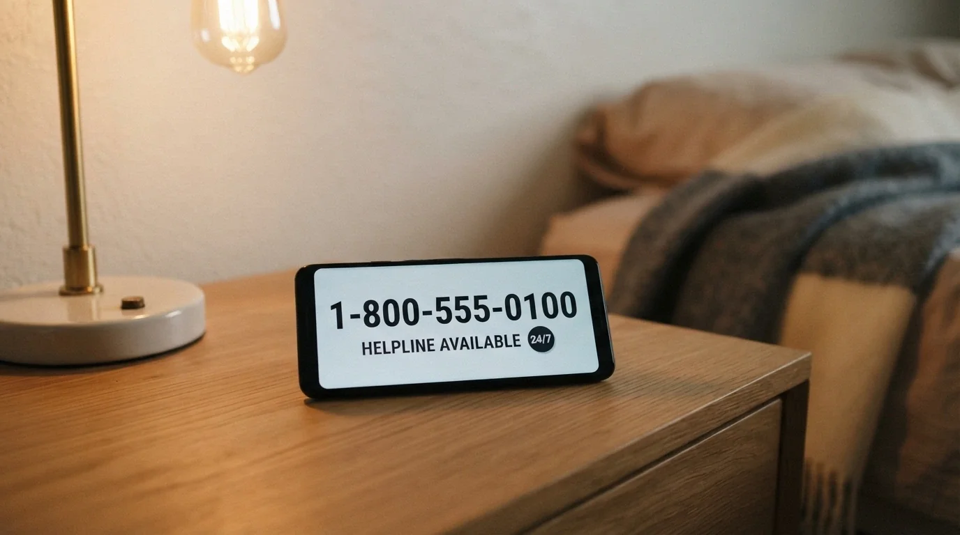 A close-up of a phone screen showing the Gambling Helpline 1800 858 858 number with the 24/7 availability badge