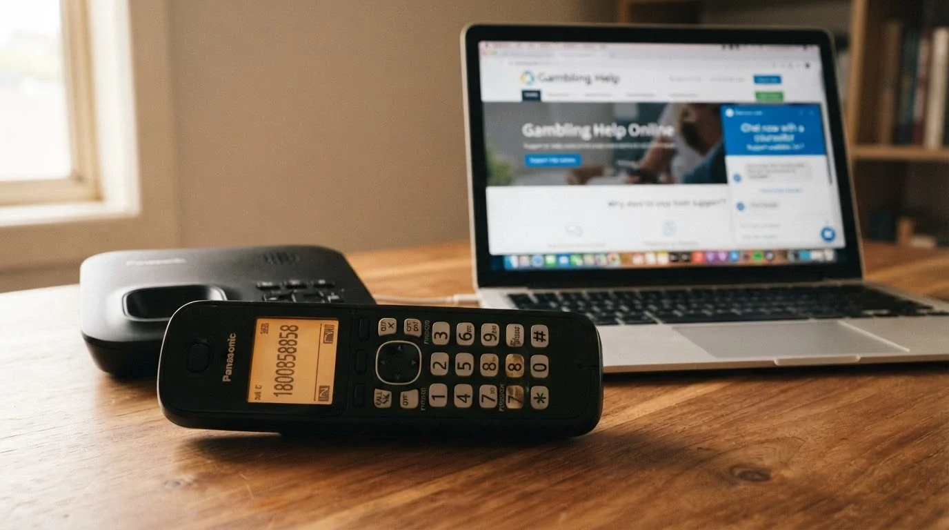 A close-up of a phone keypad with 1800 858 858 being dialled, beside a laptop showing the Gambling Help Online homepage