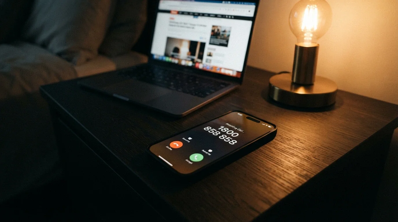 A phone screen showing a call to 1800 858 858 with the Gambling Help Online website open behind it