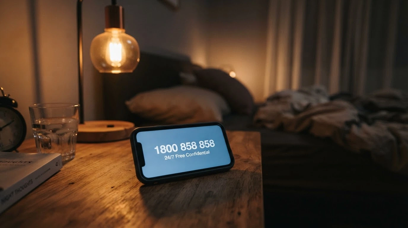 A phone screen showing the National Gambling Helpline number 1800 858 858 with the 24/7 tag and Gambling Help Online logo