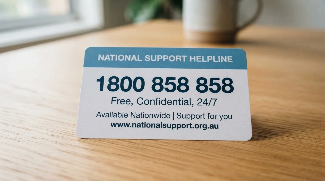 A close-up of a support resources card showing the National Gambling Helpline number 1800 858 858