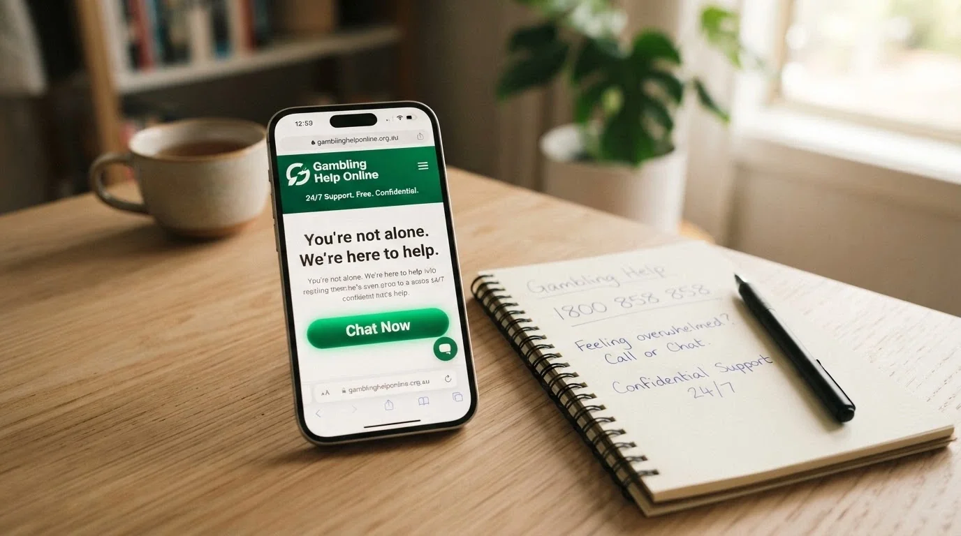 A smartphone resting on a wooden table showing the Gambling Help Online homepage, with a notepad and pen beside it displaying “1800 858 858” written by hand