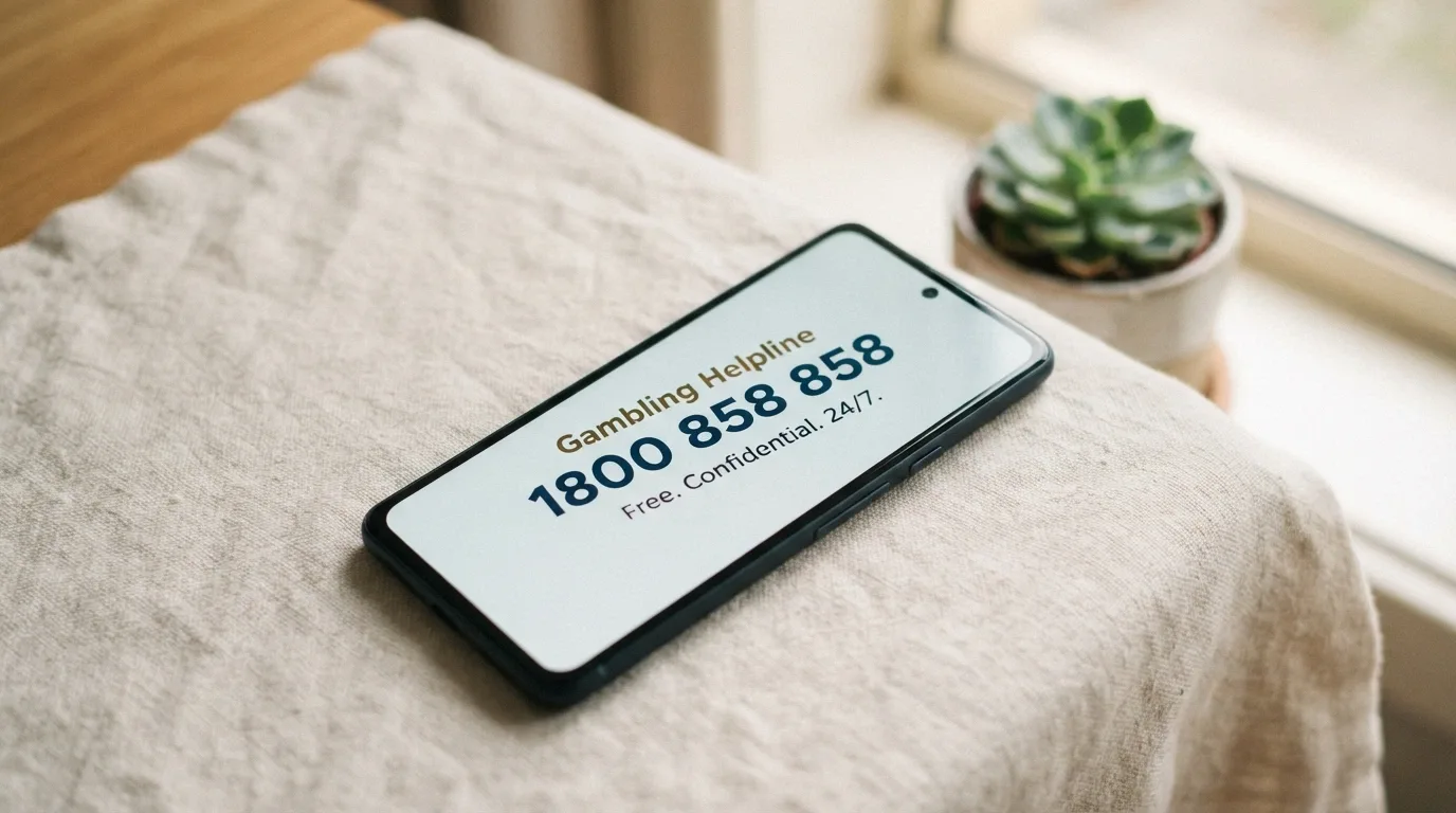A phone screen displaying the 1800 858 858 number with warm, supportive visual framing — no casino imagery