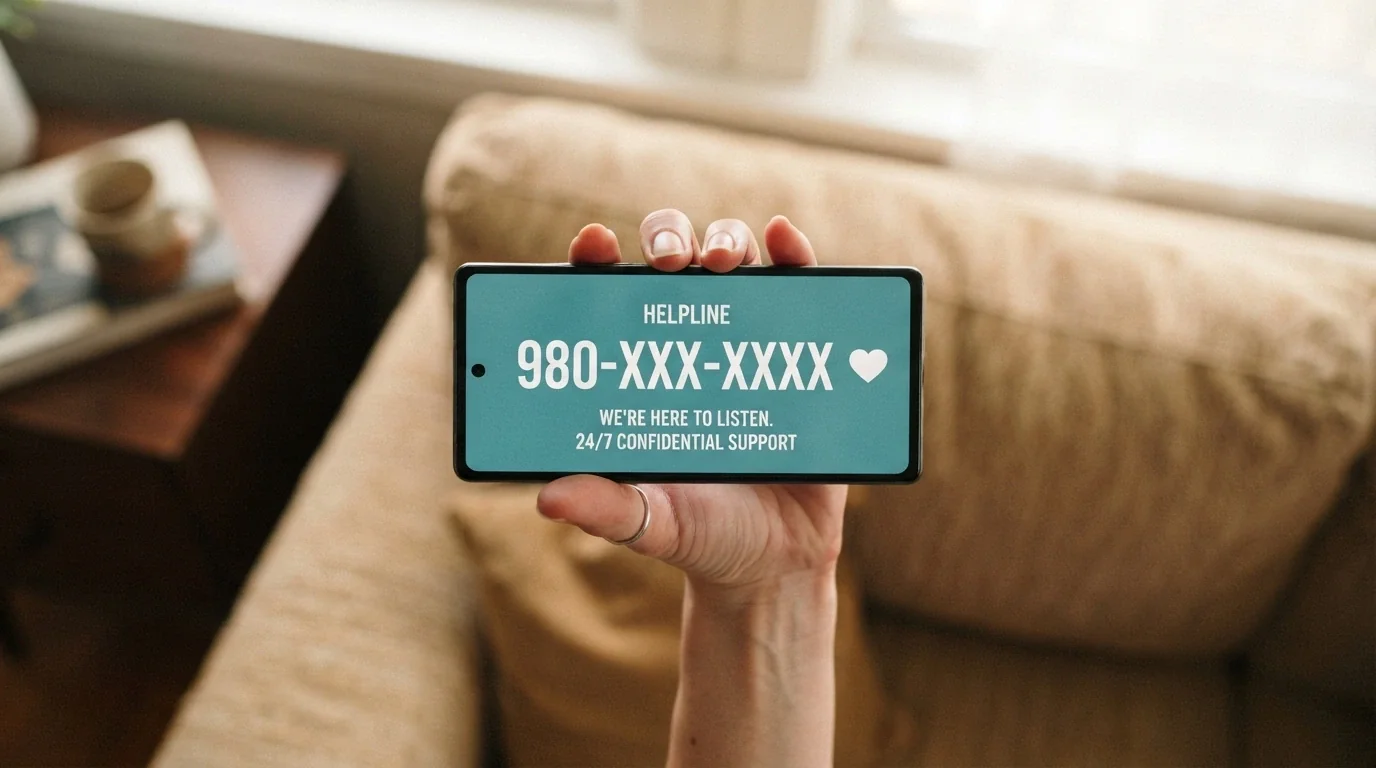 A smartphone hand holding a screen showing a helpline number, the background softly out of focus with warm domestic light