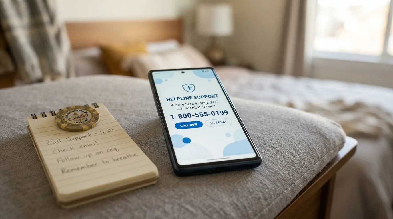 A smartphone displaying the Gambling Help Online homepage and 1800 858 858 number with the BetStop logo visible