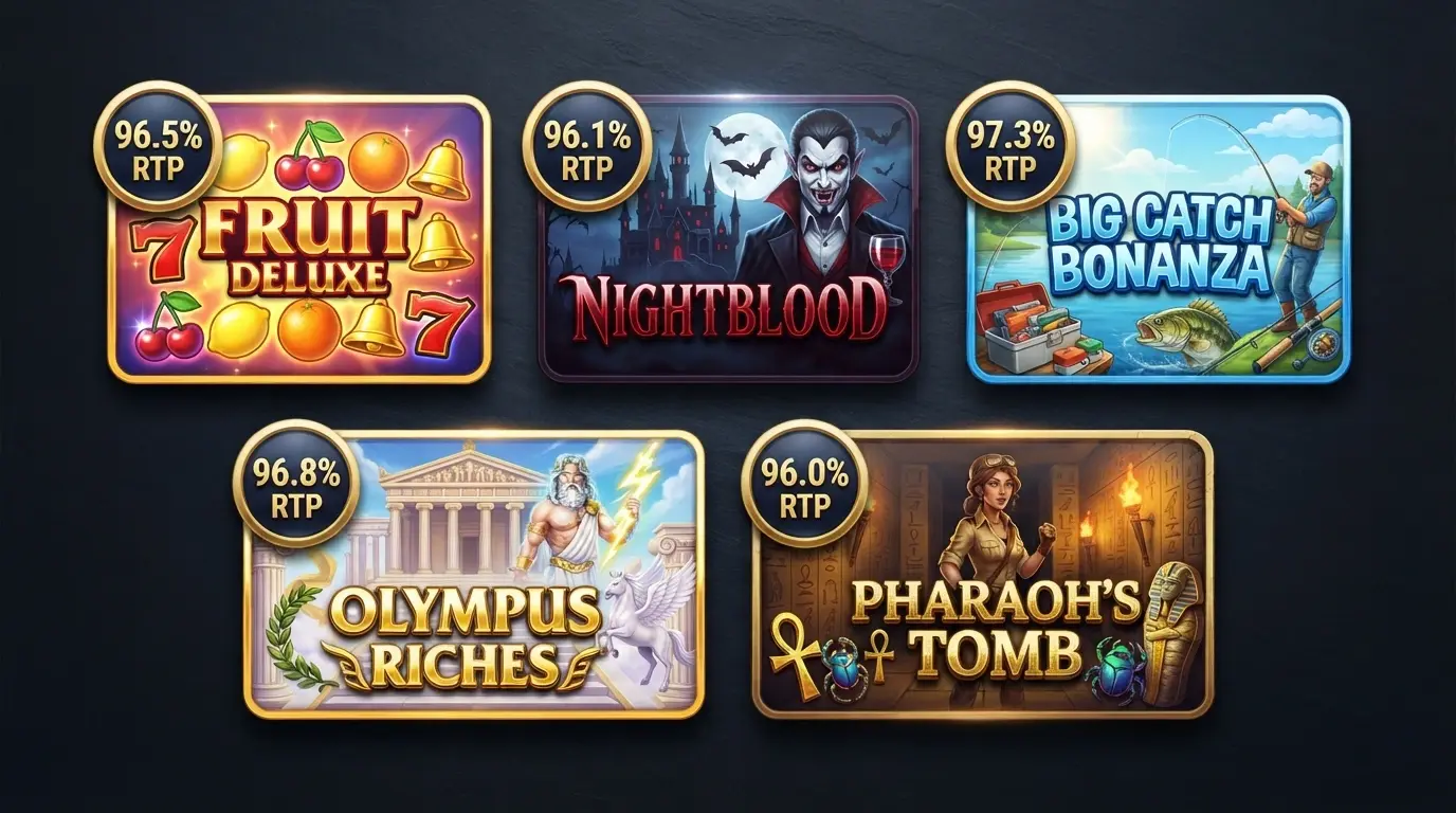 A grid of five pokie title cards — Mega Joker, Blood Suckers, Big Bass Bonanza, Gates of Olympus and Book of Dead — with each game's RTP percentage displayed as a prominent badge on its card.
