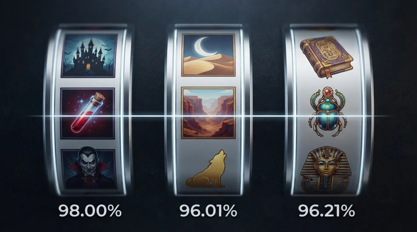 A row of three pokie reels showing high-RTP game symbols — a vampire (Blood Suckers), a wolf (Wolf Gold) and an Egyptian book (Book of Dead) — with RTP percentages overlaid