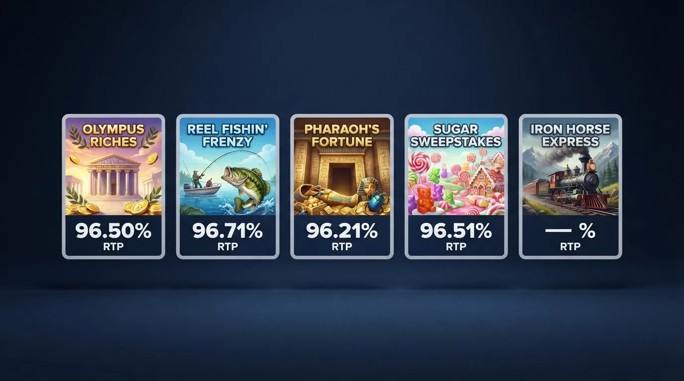 A grid of pokies title cards showing RTP percentages beneath each game name