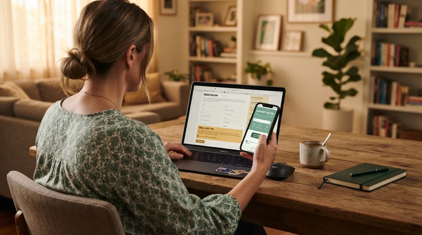 An Australian player sitting at a laptop, one hand on the mouse, the other holding a phone showing the Gambling Help Online homepage — the screen shows a casino registration form with the terms section highlighted