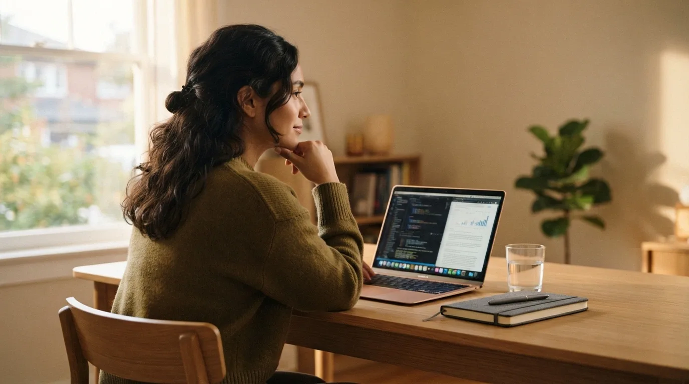A person sitting at a desk with a laptop, hand on chin, looking thoughtfully at the screen