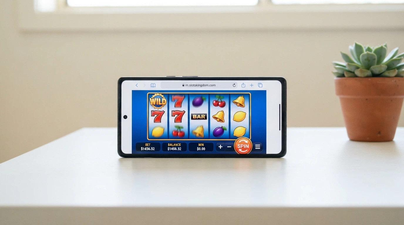 A smartphone browser with a pokies game loaded in landscape mode, no app icon on the home screen, the URL bar visible at the top