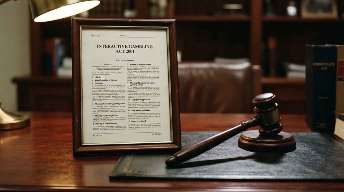 A framed excerpt of Australian legislation text with the words “Interactive Gambling Act 2001” prominent, on a desk beside a gavel