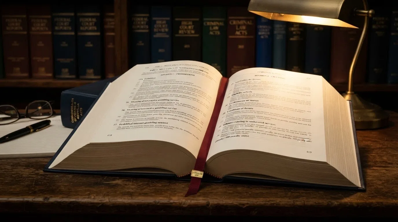 An open volume of Australian federal legislation with a bookmark tab marking the gambling section