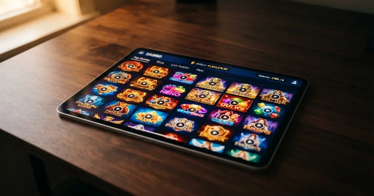 iPad screen showing an online casino lobby with pokie thumbnails arranged in a grid, held in landscape orientation