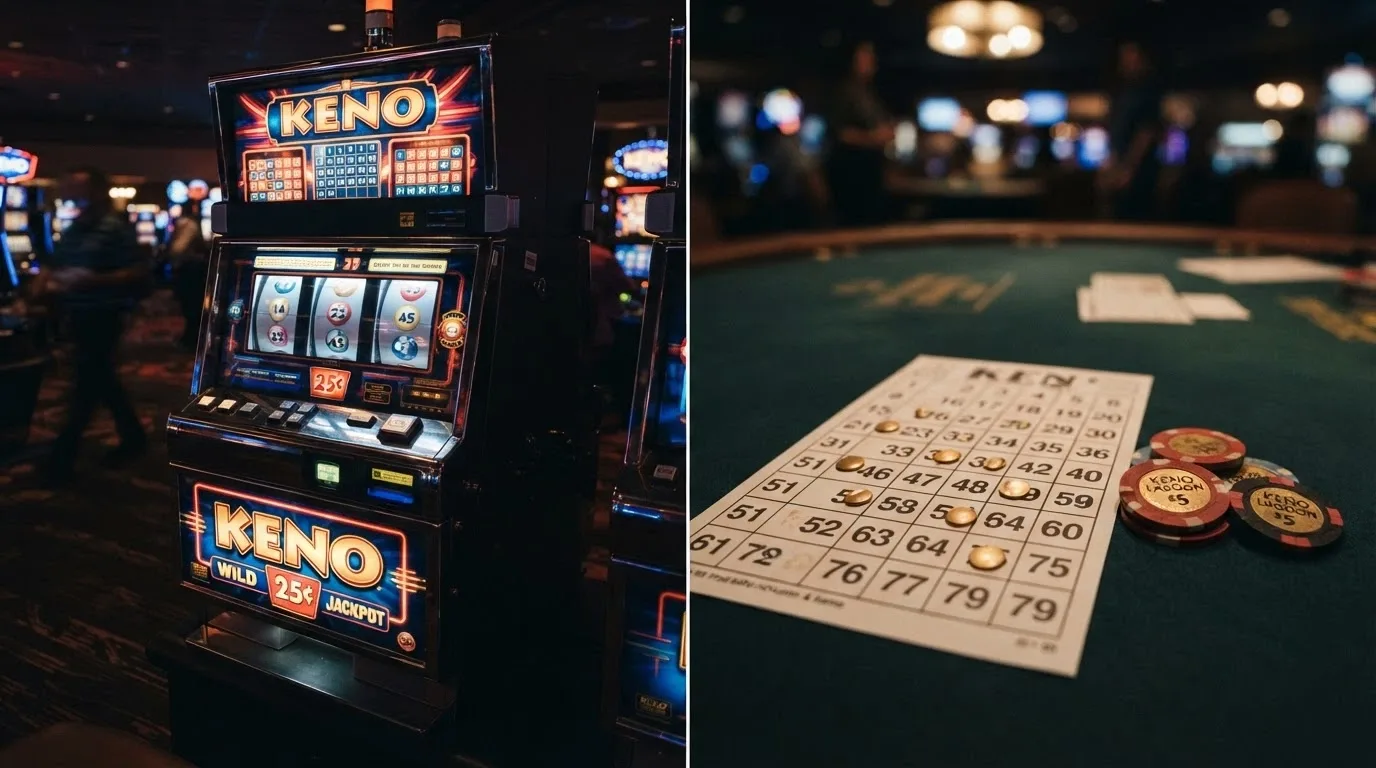 Side-by-side split screen — a keno-themed slot machine reel set on the left, a traditional 80-number keno grid on the right