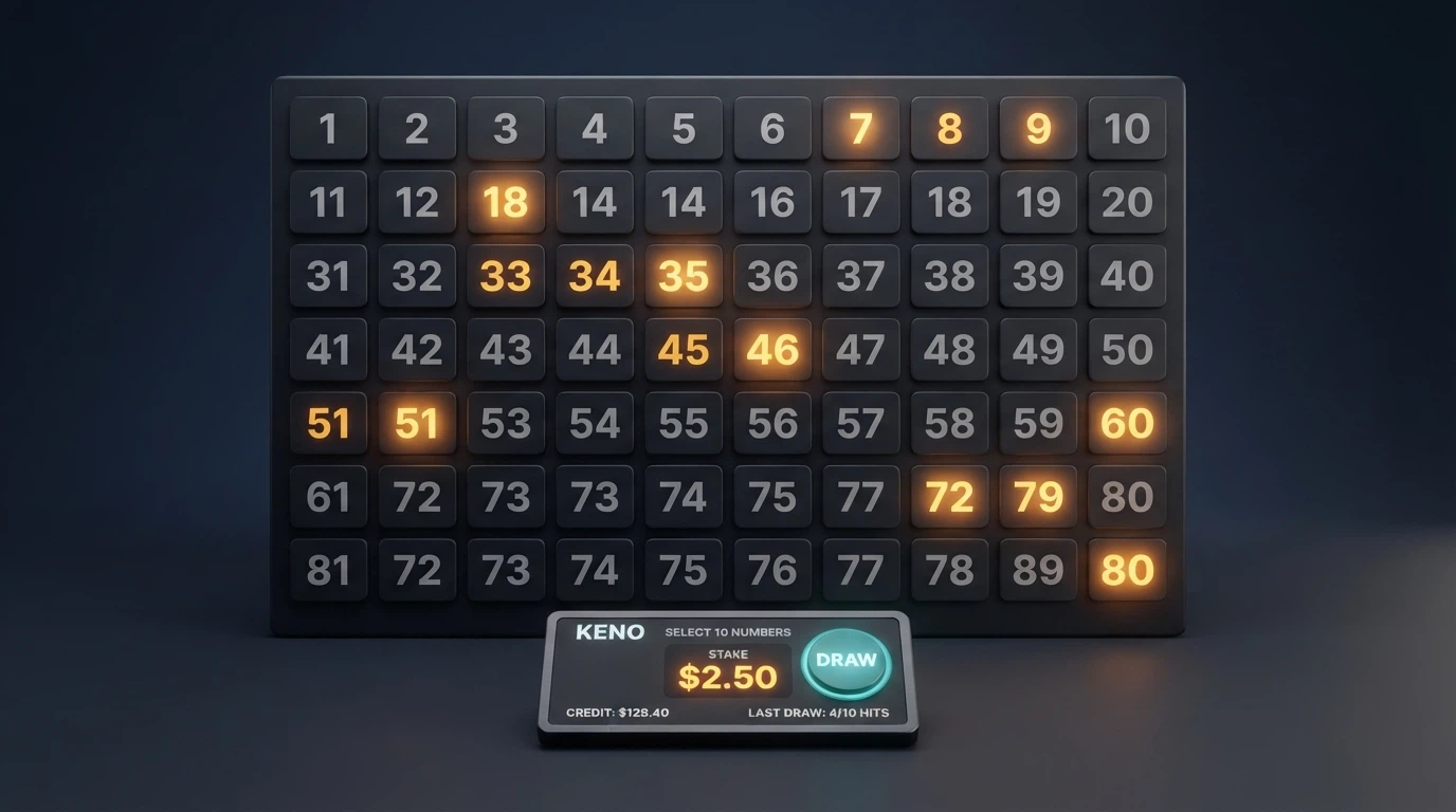 An 80-number keno grid with ten numbers marked in highlight, a stake amount displayed and a draw button visible