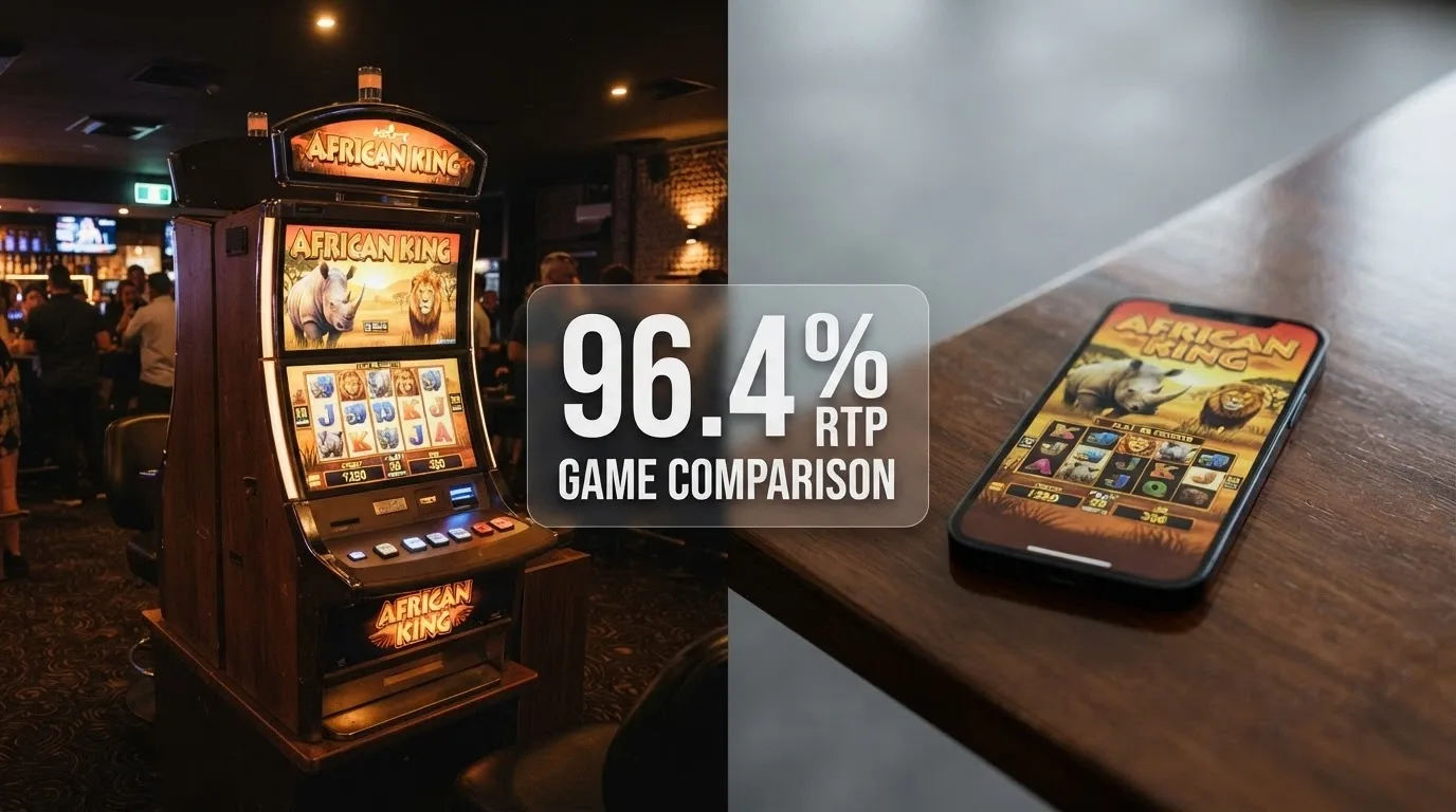 A side-by-side comparison visual — a physical Aristocrat cabinet in a venue on the left, a mobile phone showing the same title on the right, with an RTP percentage callout