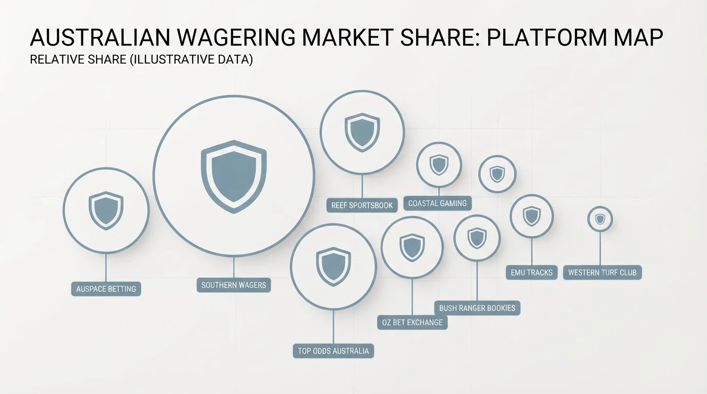 A visual map of ten Australian-licensed wagering operators arranged by market-share size with licence badges beside each