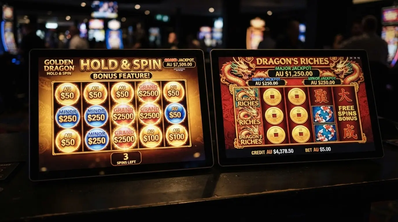 A grid of two Aristocrat pokies title screens side by side: Lightning Link with its Hold & Spin feature active and Dragon Link with its Asian-themed reels