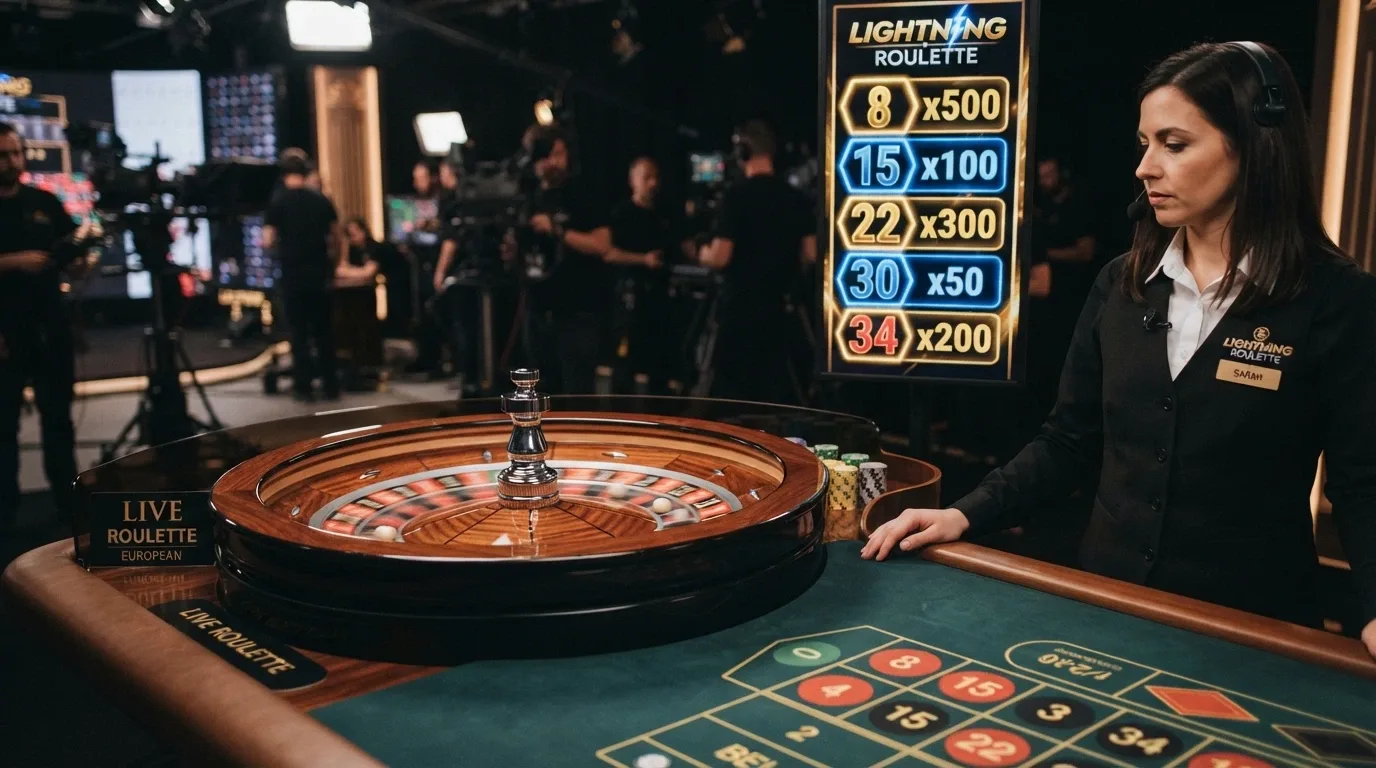 A Lightning Roulette table in a live studio with multiplied numbers illuminated on the screen