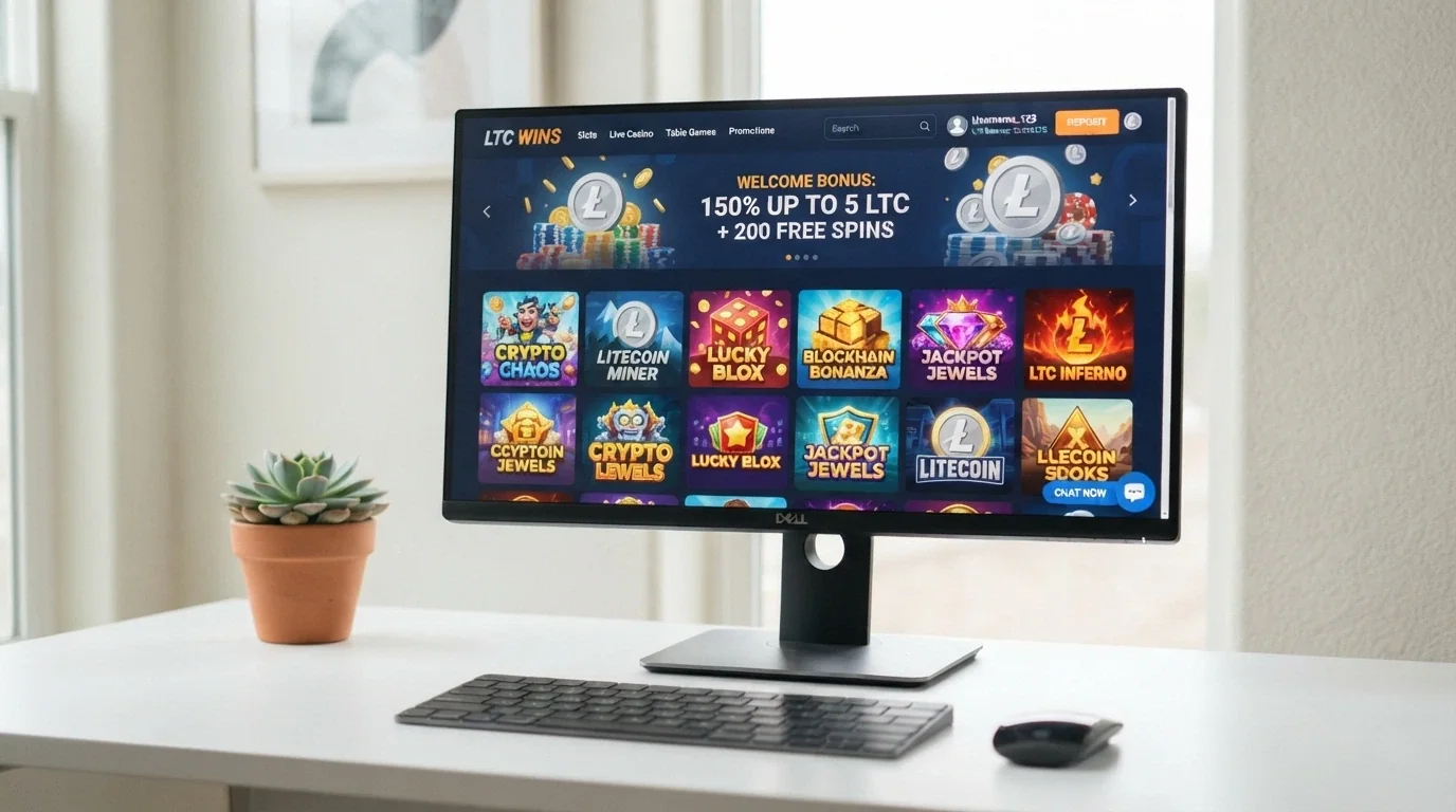 A desktop browser displaying a Litecoin casino homepage with a game grid, a prominent LTC deposit button and a live-chat widget.
