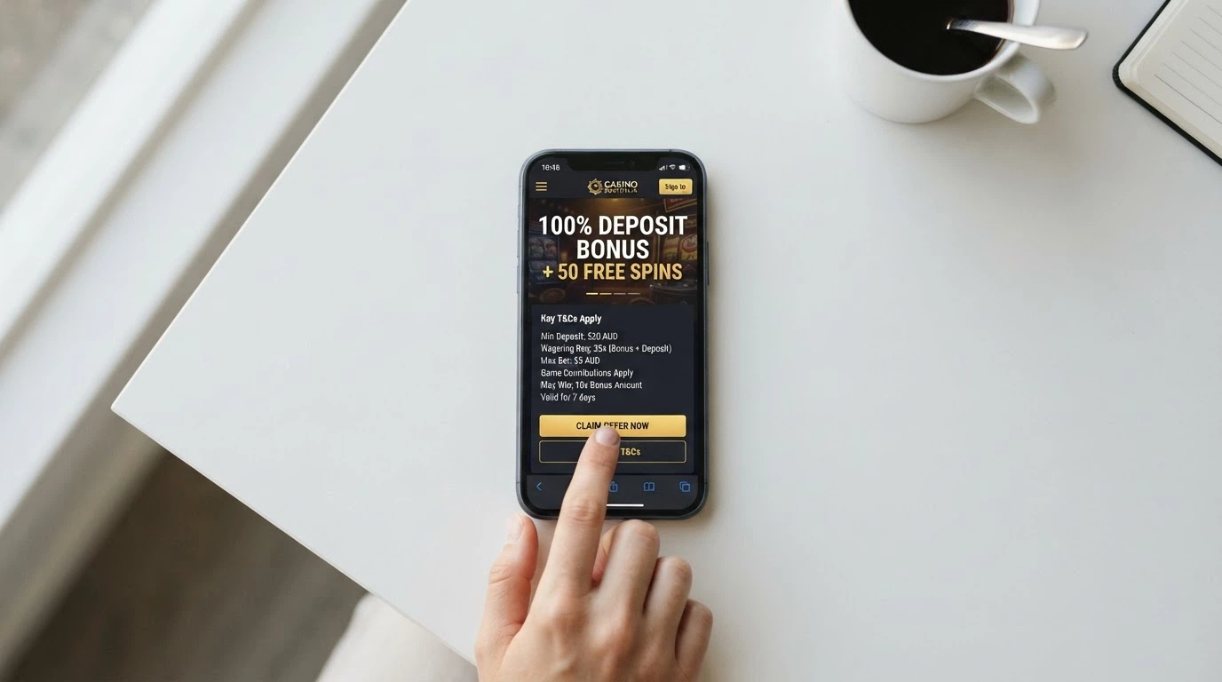A casino bonus-offer screen showing a percentage deposit match with wagering-requirement terms in the fine print beneath