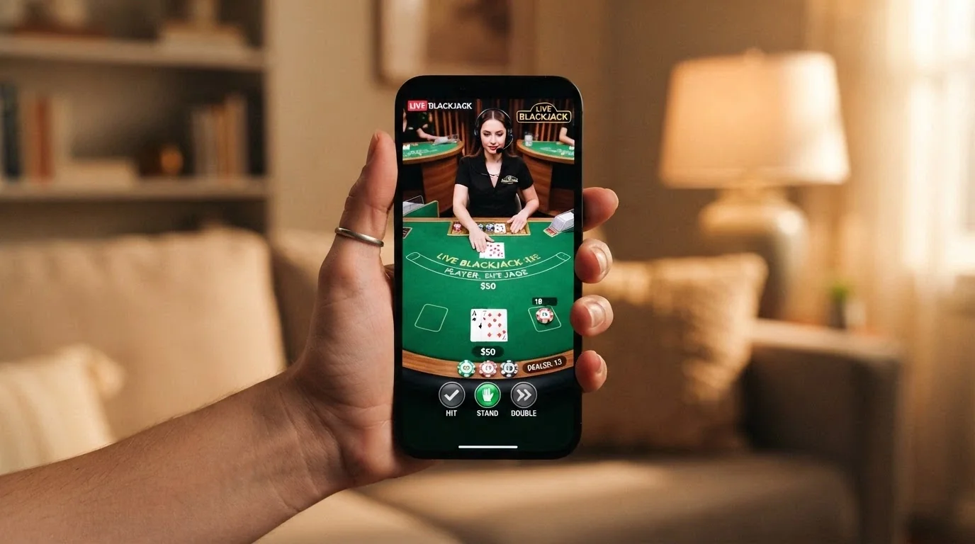 A smartphone held in hand displaying a live blackjack table in a mobile browser alongside an app icon on the home screen