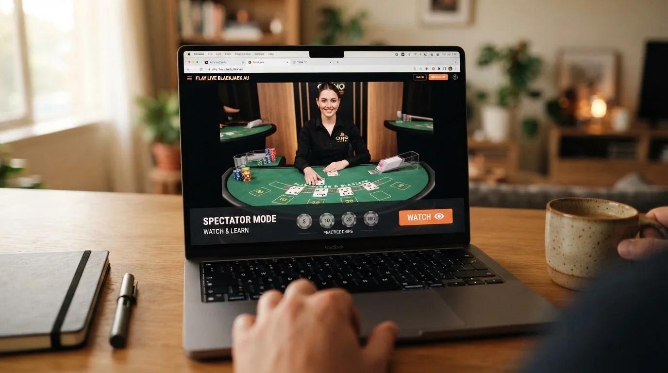 A live dealer table with a spectator-mode or practice-chip overlay visible on the interface