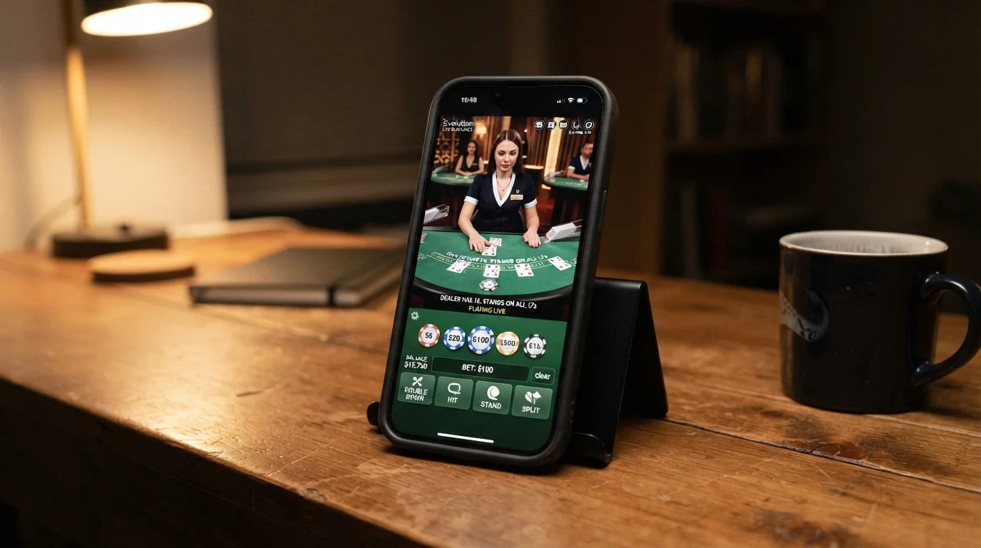 An iPhone showing a live-dealer blackjack table with a real dealer visible on the video stream and bet buttons overlaid