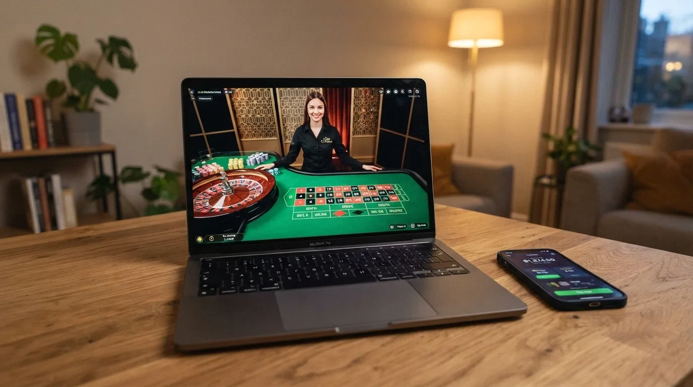 A live-dealer blackjack or roulette table with a tablet screen showing a crypto balance in USDT