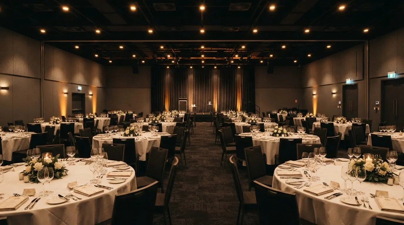 The Lotus Room set for an event with banquet tables, ambient lighting and stage area