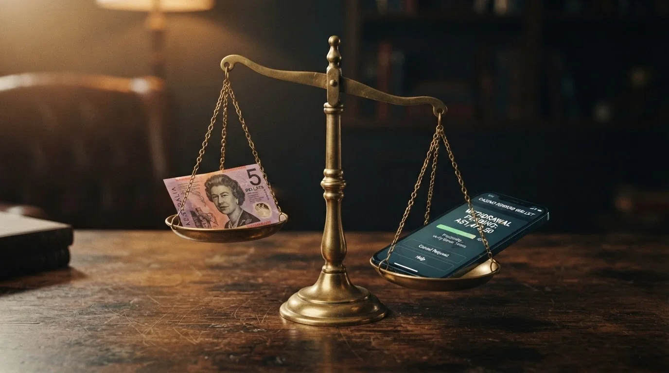 A balanced scale with a five-dollar note on one side and a smartphone showing a casino withdrawal screen on the other