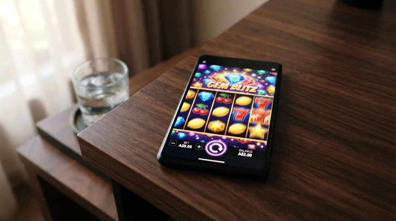 A smartphone screen showing a pokie reels interface with the bet amount set to A$0.05, a balance of A$2.00 displayed, and a spin counter showing 40 spins remaining