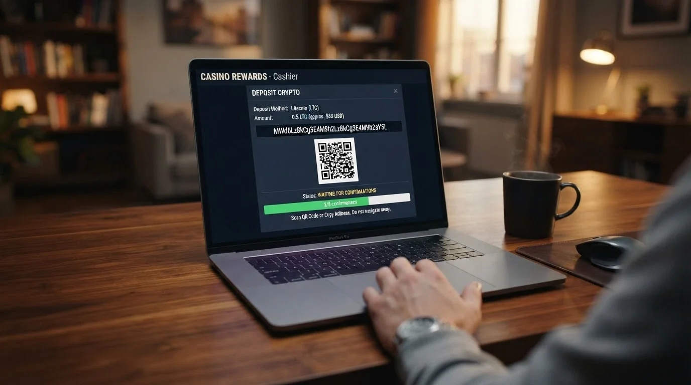 A casino cashier screen showing a Litecoin deposit address, a QR code and a progress bar with “2/3 confirmations” displayed.