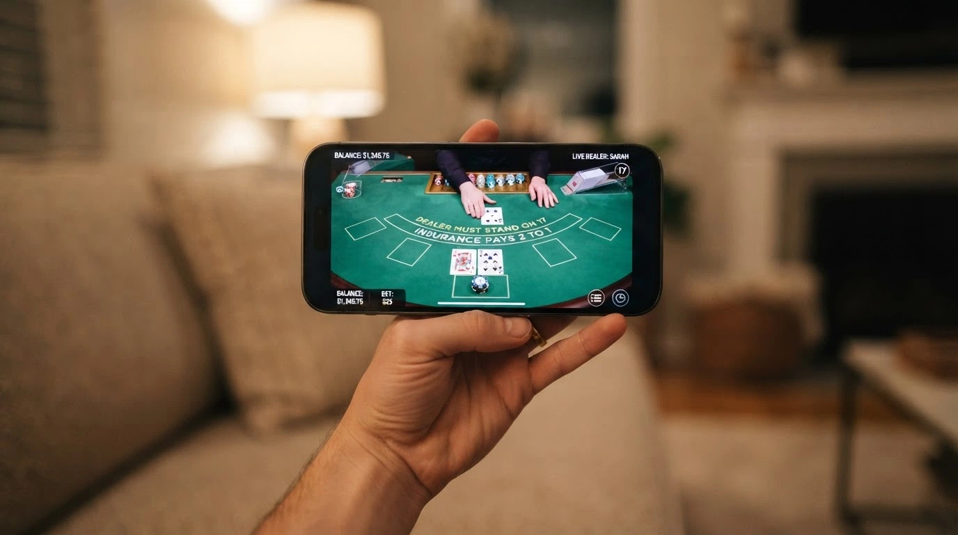 A hand holding a smartphone in landscape orientation with a live-dealer blackjack table on screen