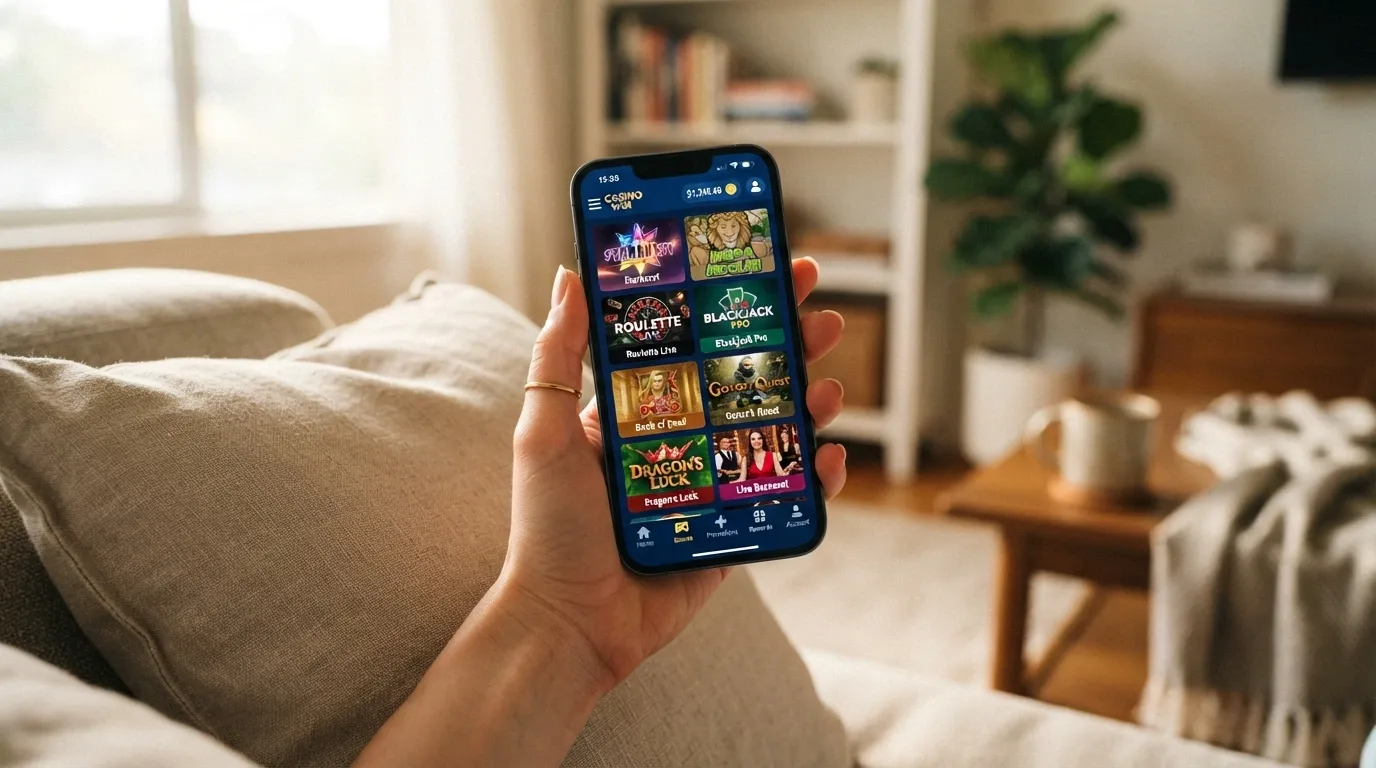 A smartphone held in hand showing a bitcoin casino mobile site with a pokies game loaded
