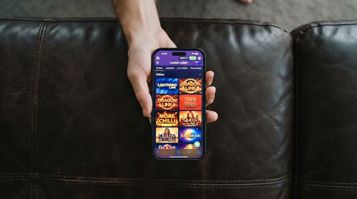 A hand holding a smartphone with a casino lobby open, showing pokie thumbnails and a $10 balance in AUD