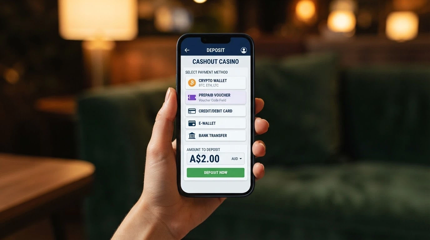 A close-up of a hand holding a smartphone with a casino cashier screen open, showing crypto and voucher deposit options, with the deposit amount field reading A$2.00