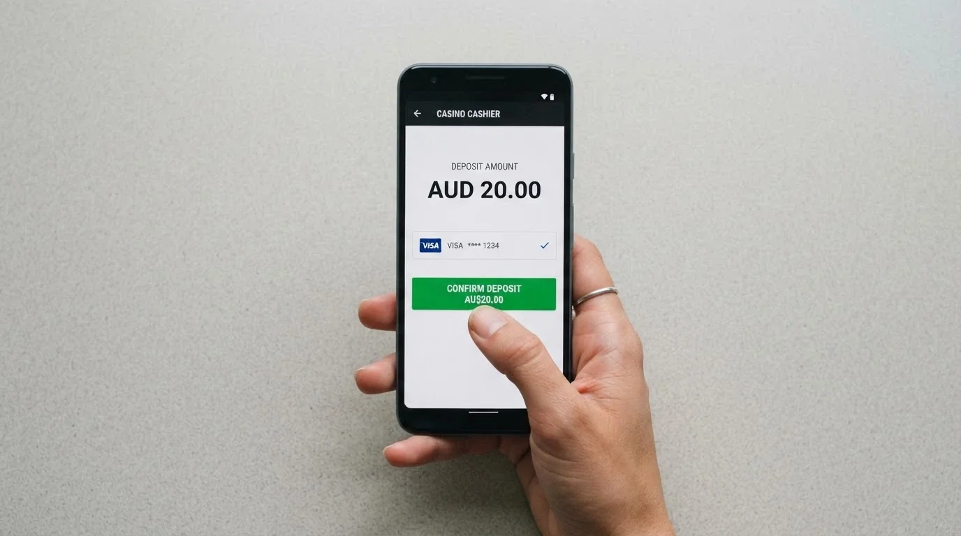 A person's hand holding a smartphone with thumb hovering over a deposit confirmation button on a casino cashier screen