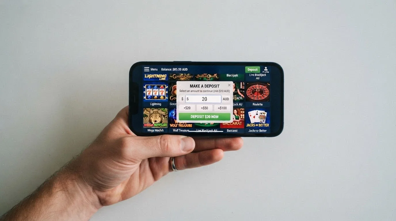 A hand holding a smartphone in landscape orientation with a casino game lobby open and a deposit screen showing a low-amount field