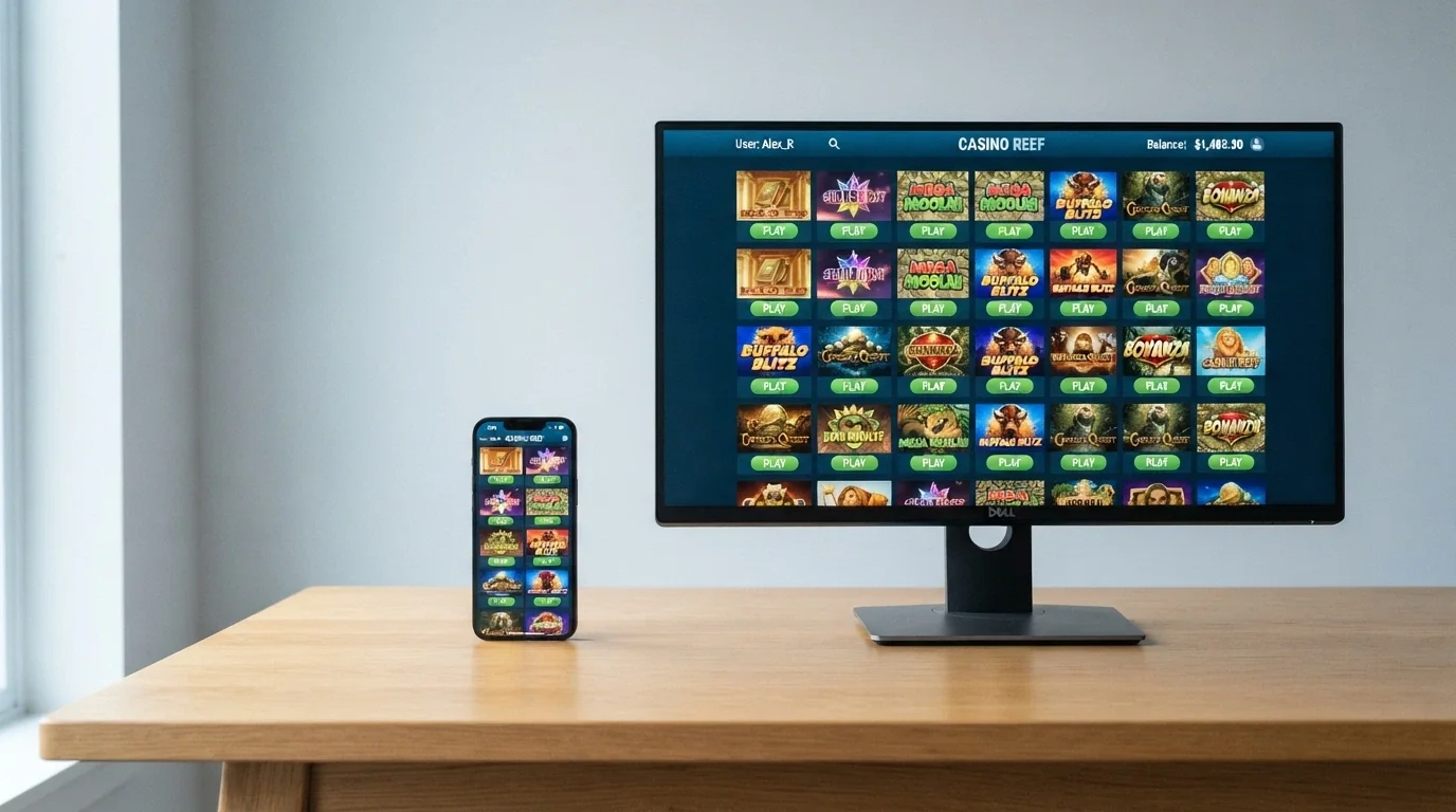 A side-by-side view of the same online casino loaded on a smartphone screen and a desktop monitor, showing how the layout adapts between the two