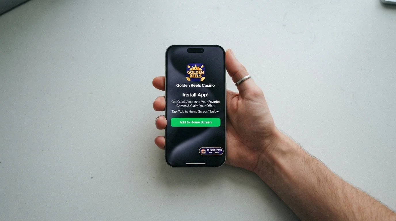 A hand holding a smartphone with a casino PWA install prompt and a free spins notification on screen